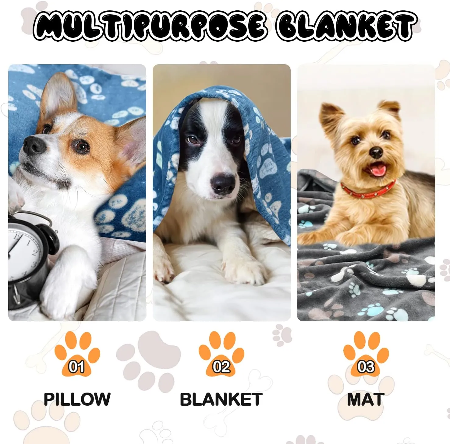 1 Pack 3 Dog Blankets, Super Soft Fluffy Premium Fleece Pet Blanket Flannel Throw for Large, Medium Dogs & Puppies, Blue & Gray, 131x41 inch