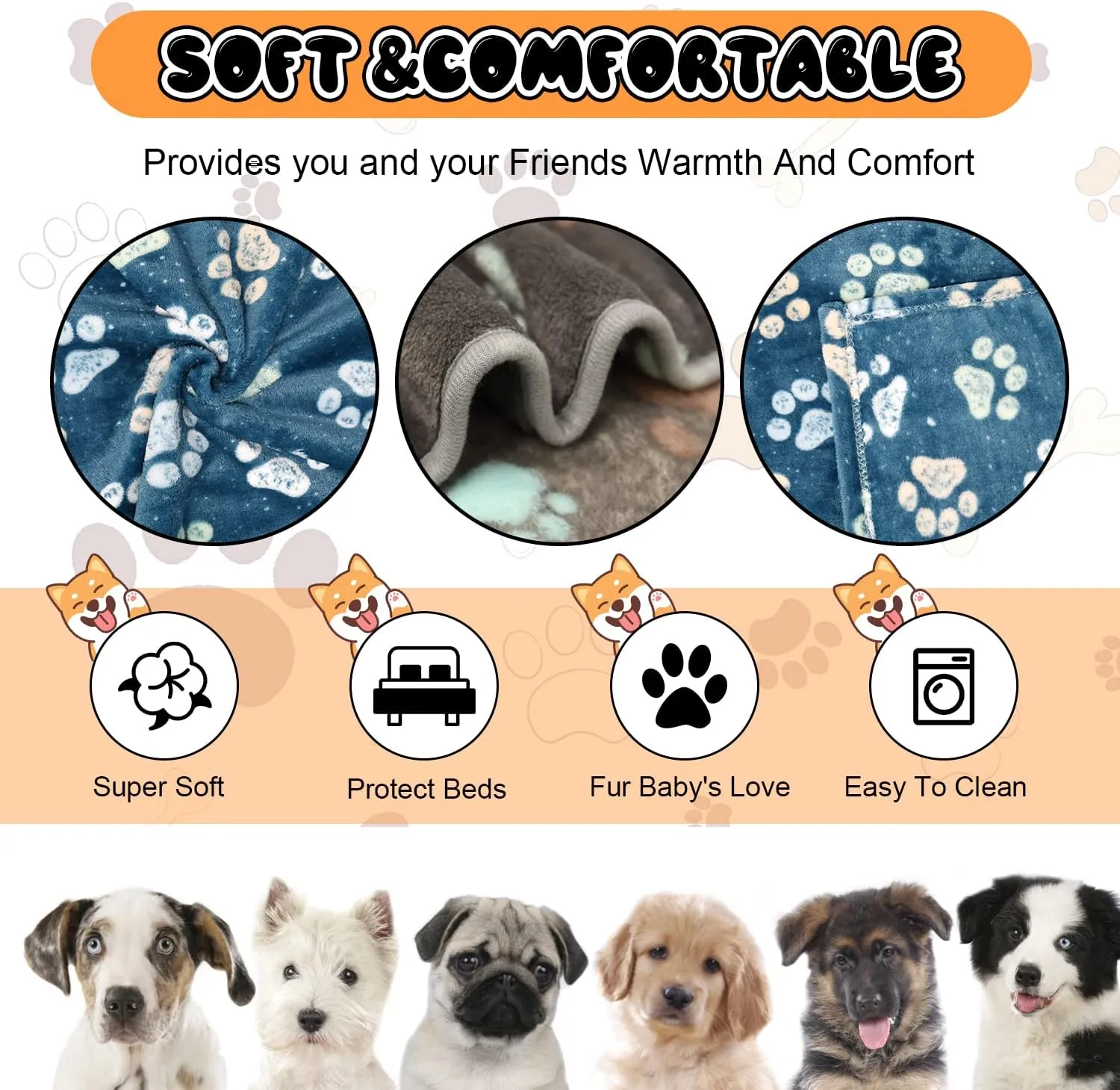 1 Pack 3 Dog Blankets, Super Soft Fluffy Premium Fleece Pet Blanket Flannel Throw for Large, Medium Dogs & Puppies, Blue & Gray, 131x41 inch