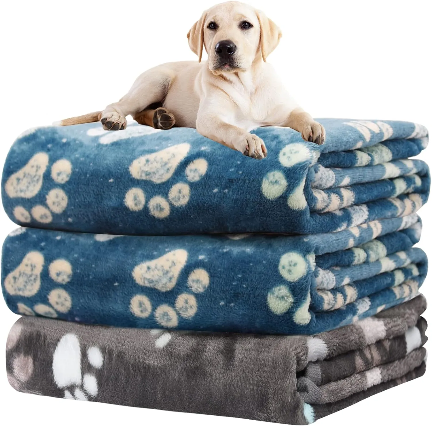 1 Pack 3 Dog Blankets, Super Soft Fluffy Premium Fleece Pet Blanket Flannel Throw for Large, Medium Dogs & Puppies, Blue & Gray, 131x41 inch