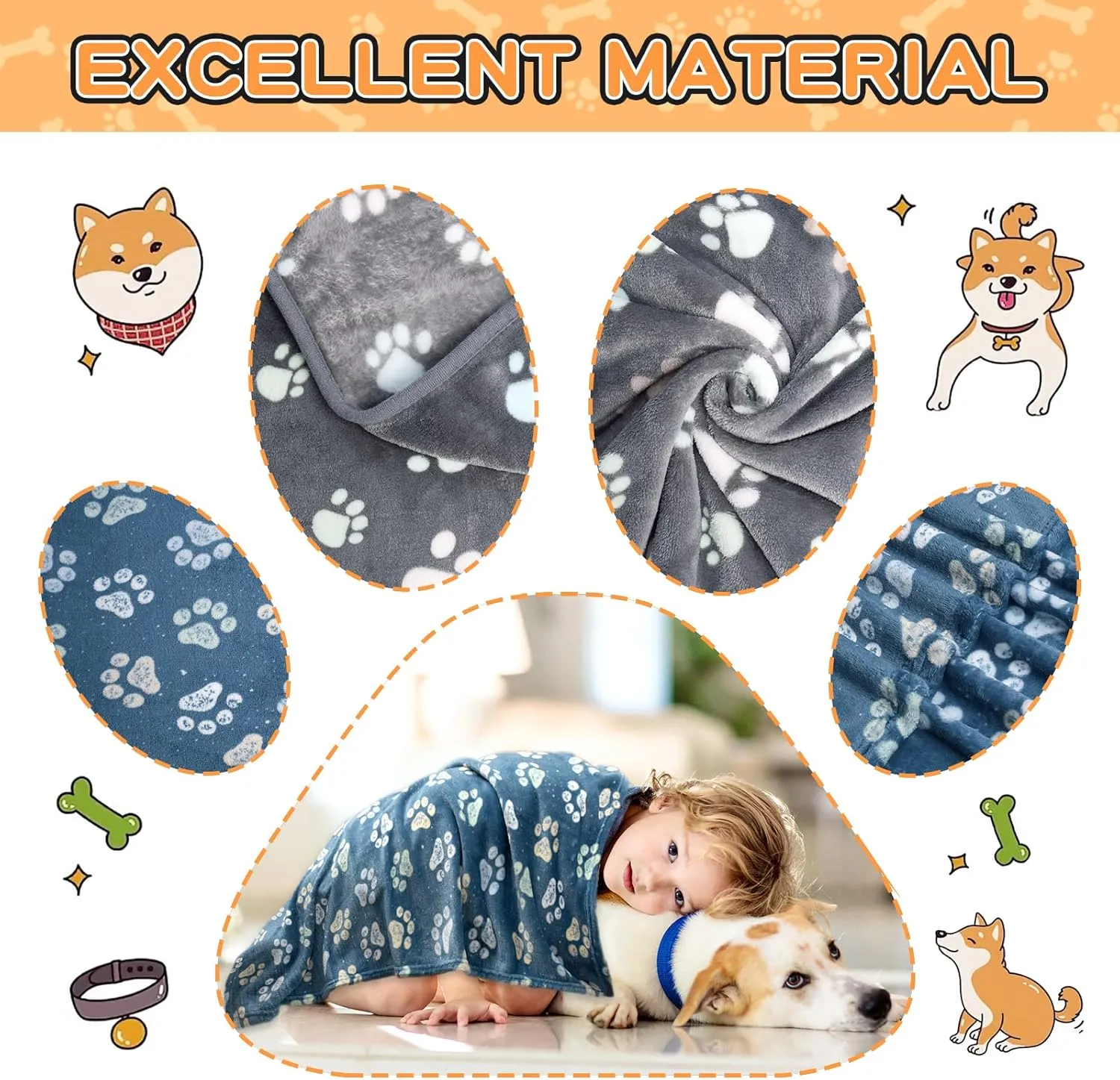 1 Pack 3 Dog Blankets, Super Soft Fluffy Premium Fleece Pet Blanket Flannel Throw for Large, Medium Dogs & Puppies, Blue & Gray, 131x41 inch