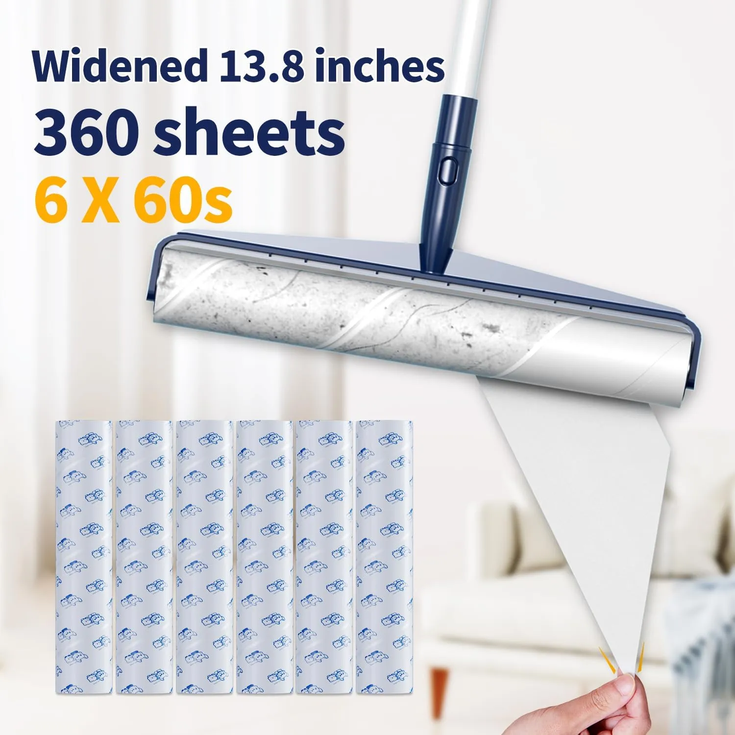 13.8in Large Size Floor Lint Rollers for Pet Hair Extra Sticky 51.2in Long Handle Giant Big Hair Picker Upper from Sticky Mop for Cleaning Dog Cat Hair Animal Fur Removal Roller Couch Bed Sheet Carpet