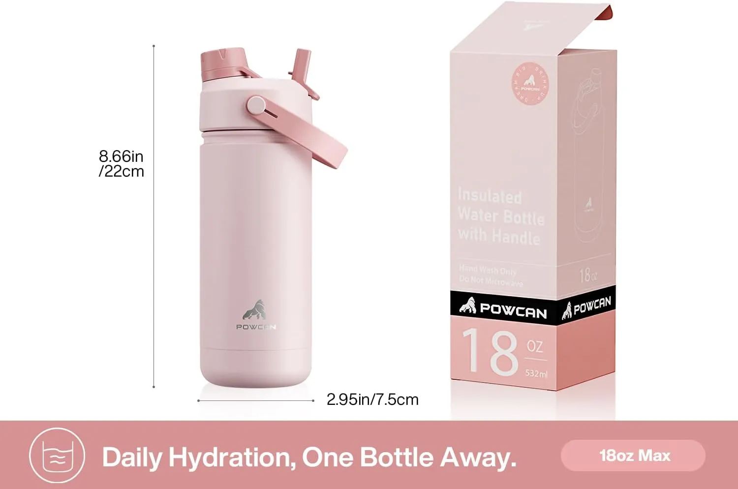 18 oz Insulated Water Bottle with 2-in-1 Straw and Spout Lid, Keep Cold 24H, Leak-Proof, Fits in Car Cup Holder, Stainless Steel Water Bottle for Sports, Travel, and School (Cotton Candy)