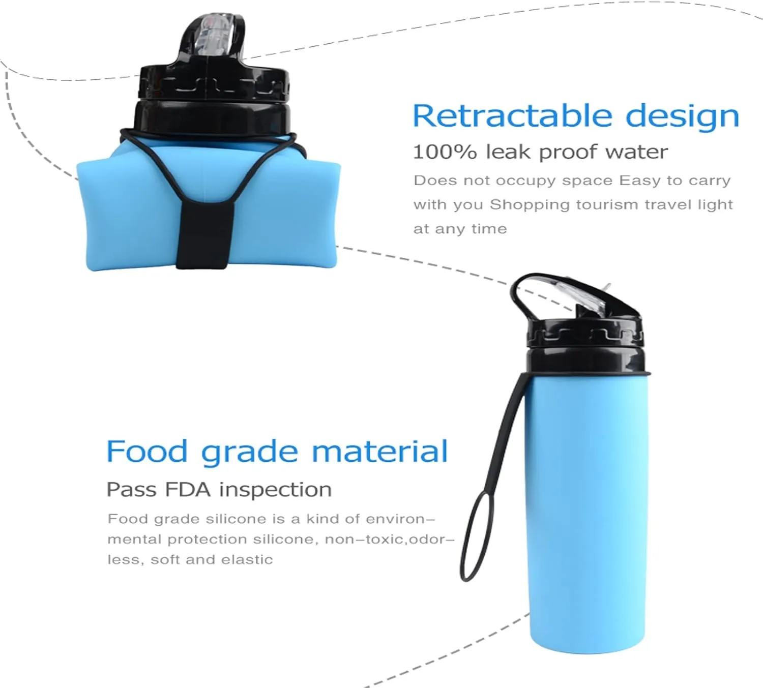 21oz 600ml Silicone Travel Water Bottle, Reusable Water Bottles For School, Collapsible Water Bottles for Traveling, Foldable Sports Water Bottle Squeeze, Travel Essentials(Blue)