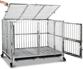 42" Heavy Duty Dog Crate Cage Kennel with Wheels, Full Stainless Steel High Anxiety Indestructible Dog Crate, Sturdy Locks Design, Double Door Small Door Design & Removable Tray Design (Silver)