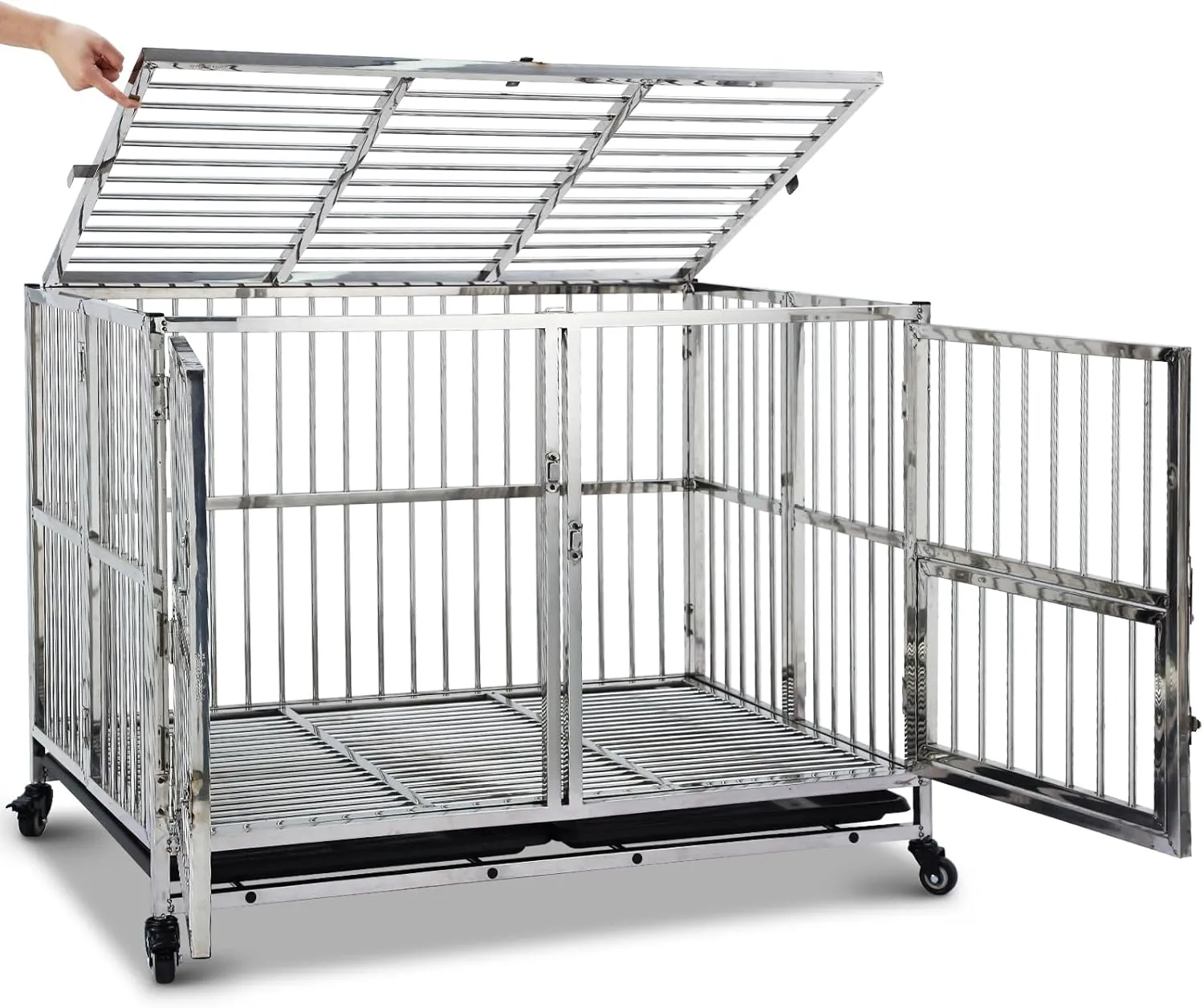 42" Heavy Duty Dog Crate Cage Kennel with Wheels, Full Stainless Steel High Anxiety Indestructible Dog Crate, Sturdy Locks Design, Double Door Small Door Design & Removable Tray Design (Silver)