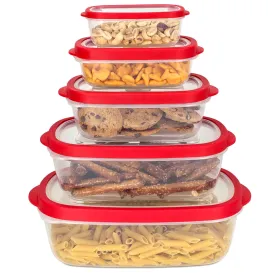 5 Piece Spill-Proof  Rectangle Plastic Food Storage  Container with Ventilated, Snap-On  Lids, Red