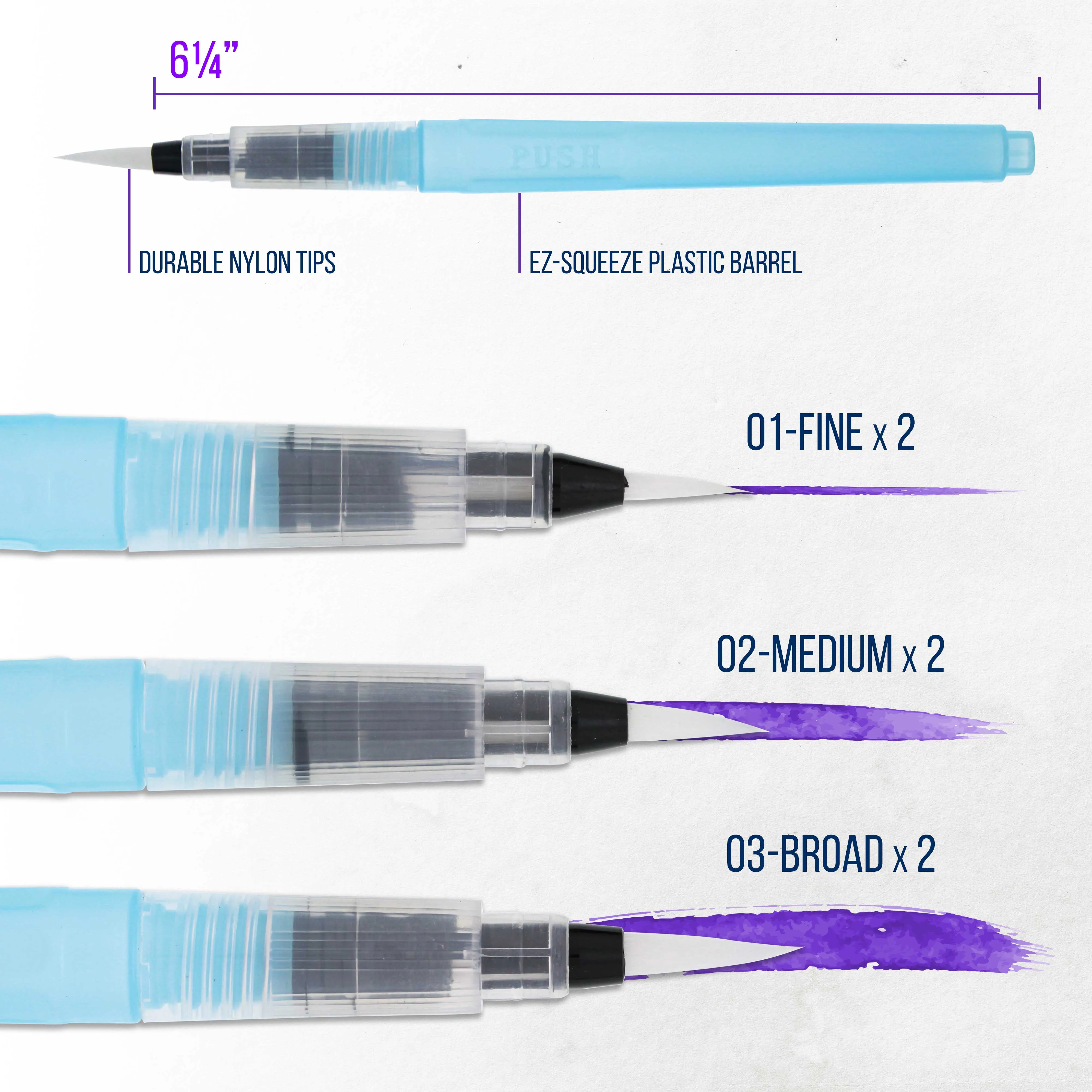 6-Piece Water Coloring Brush Pen Set of 6 (2 of Each Sizes - 01, 02, 03) - Refillable, Watercolor, Calligraphy, Painting