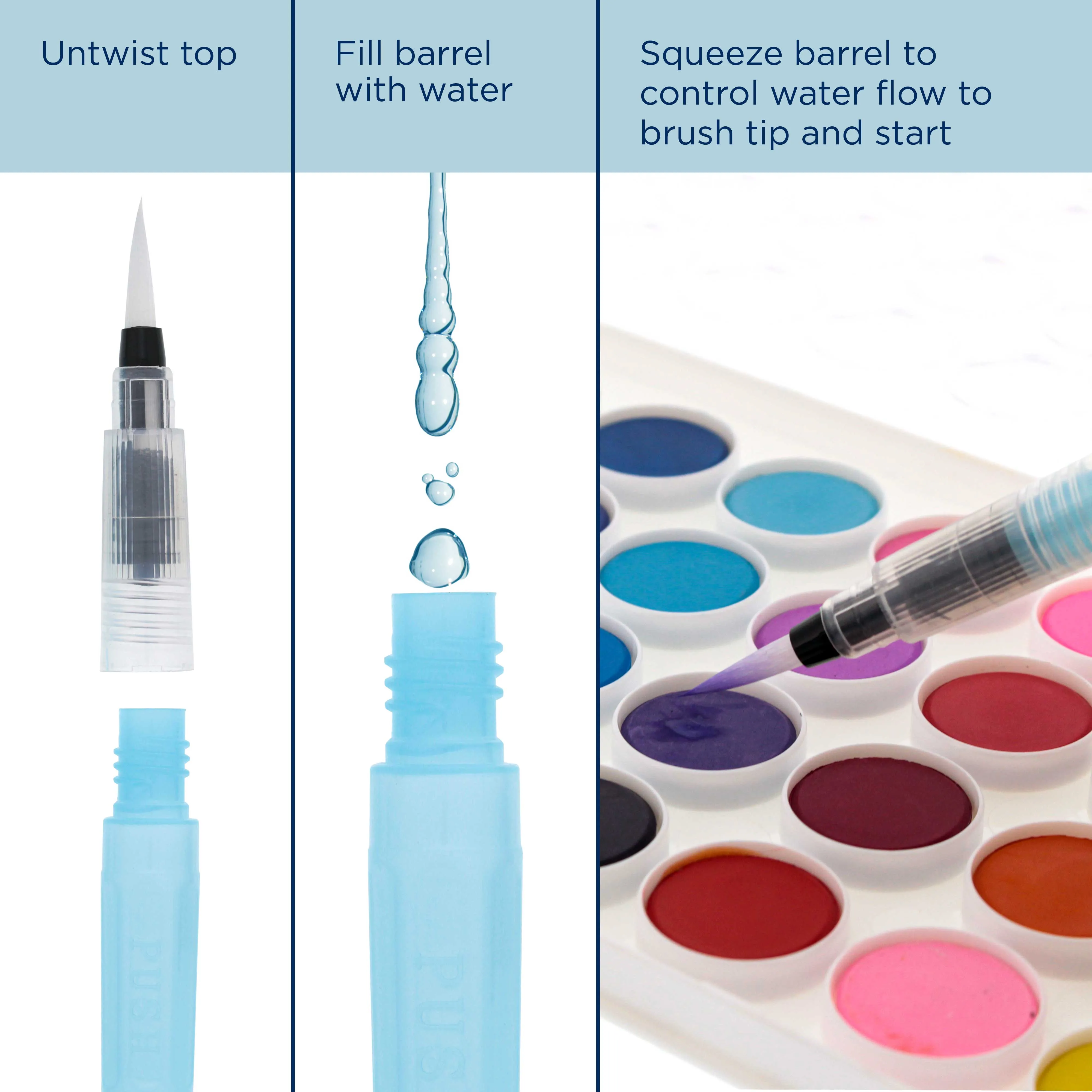 6-Piece Water Coloring Brush Pen Set of 6 (2 of Each Sizes - 01, 02, 03) - Refillable, Watercolor, Calligraphy, Painting