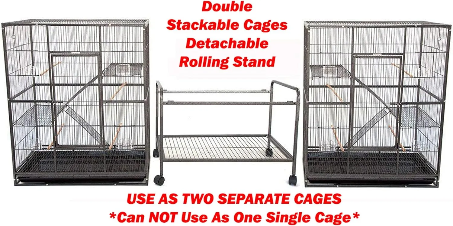 76" Extra Large Double Stackable Wrought Iron Breeding Bird Parrot Cockatiel Conure Breeder Flight Cage Double Feeder Cups Side Breeding Doors Eash Clean Pull Out Tray with Detachable Rolling Stand