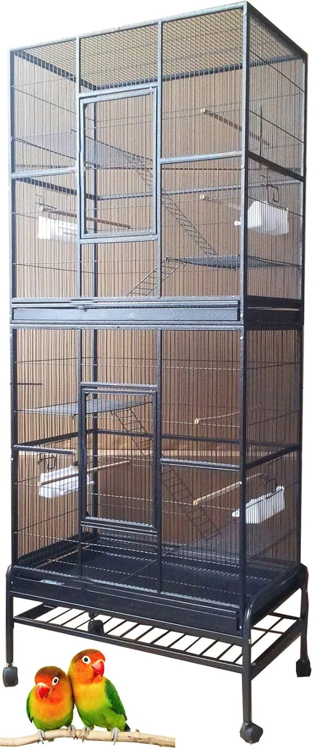 76" Extra Large Double Stackable Wrought Iron Breeding Bird Parrot Cockatiel Conure Breeder Flight Cage Double Feeder Cups Side Breeding Doors Eash Clean Pull Out Tray with Detachable Rolling Stand