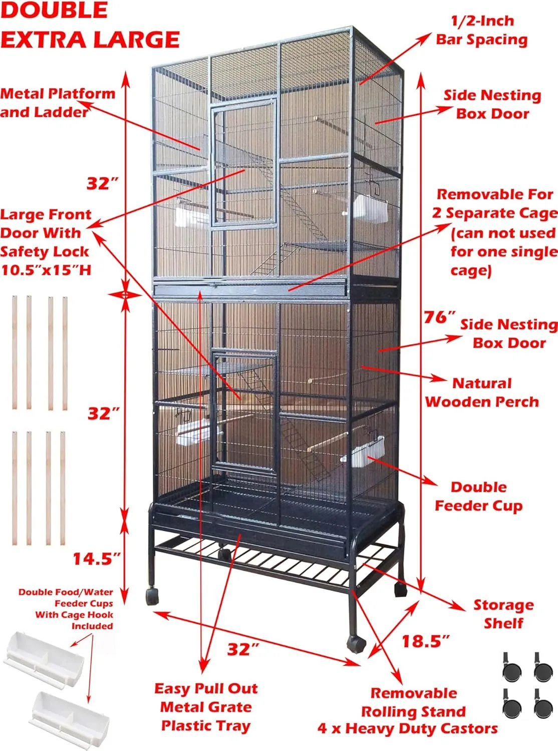 76" Extra Large Double Stackable Wrought Iron Breeding Bird Parrot Cockatiel Conure Breeder Flight Cage Double Feeder Cups Side Breeding Doors Eash Clean Pull Out Tray with Detachable Rolling Stand