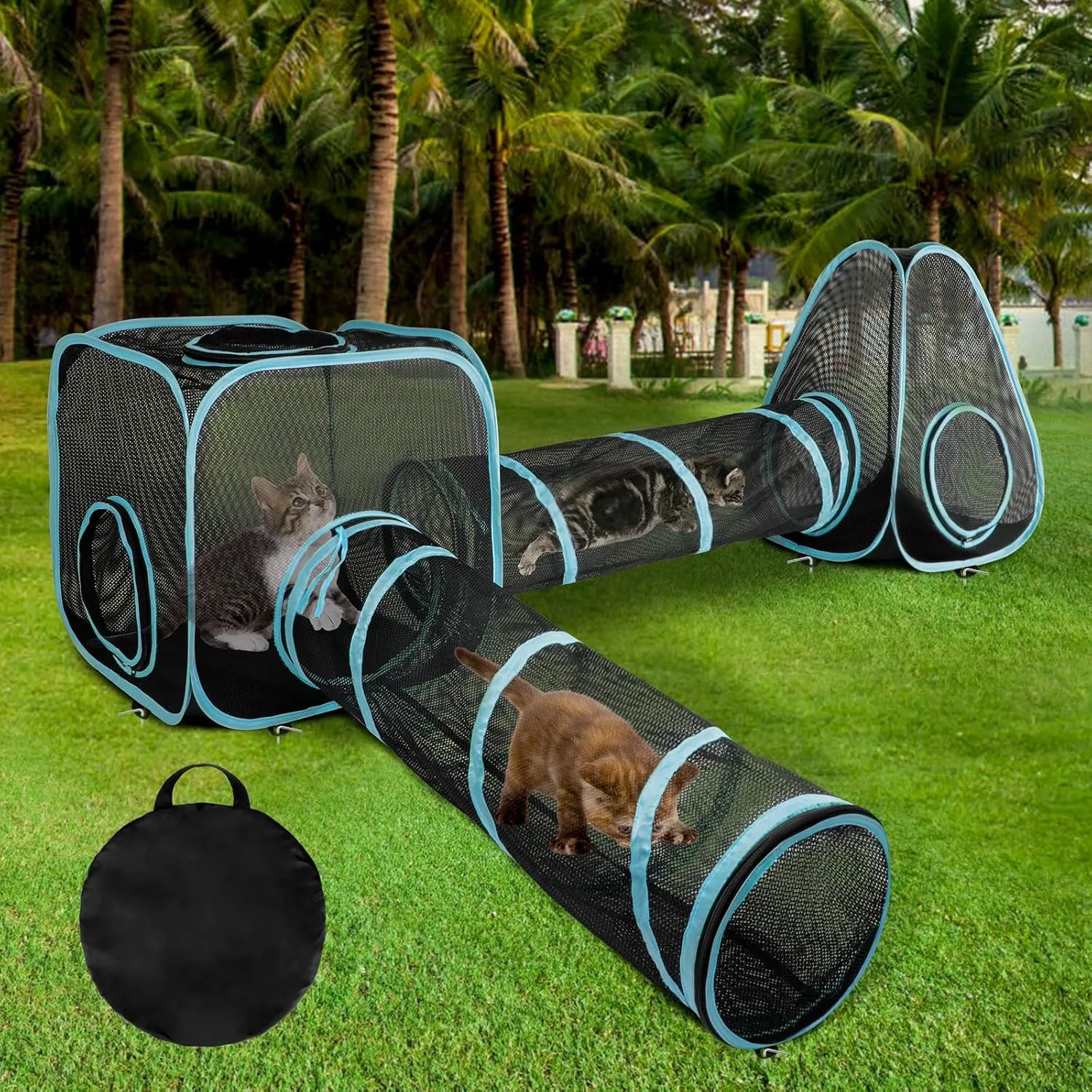 9.45FT Outdoor Cat Enclosures Portable Kitty Playhouse, Pop Up Cat Tent with 33.86x 11.81IN Double Rabbits Tunnels DIY in Multiple Ways, Kitty Playpen Play Tents for Rabbits and Small Animals