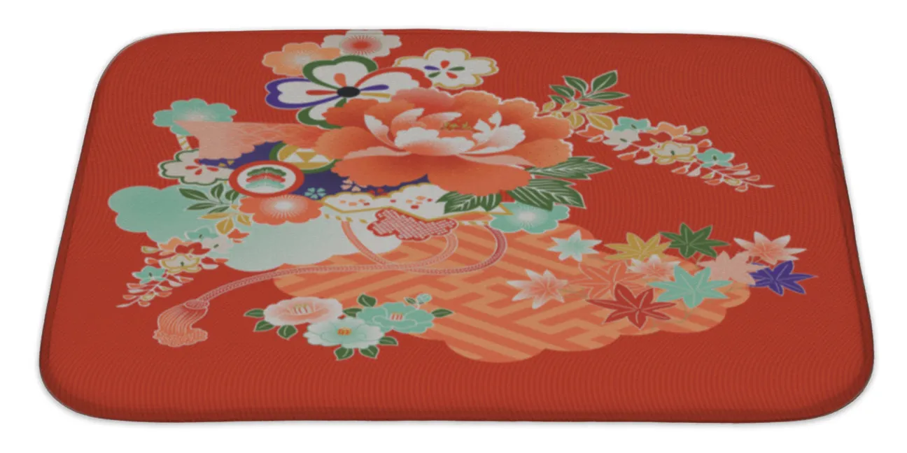Bath Rug Mat No Slip Microfiber Memory Foam, Red Vintage Japanese Kimono Designs, 34x21