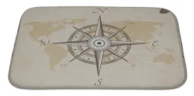 Bath Rug Mat No Slip Microfiber Memory Foam, Silver Vintage Nautical Compass Old Map Paper Torn Border Frame Wind, 34x21