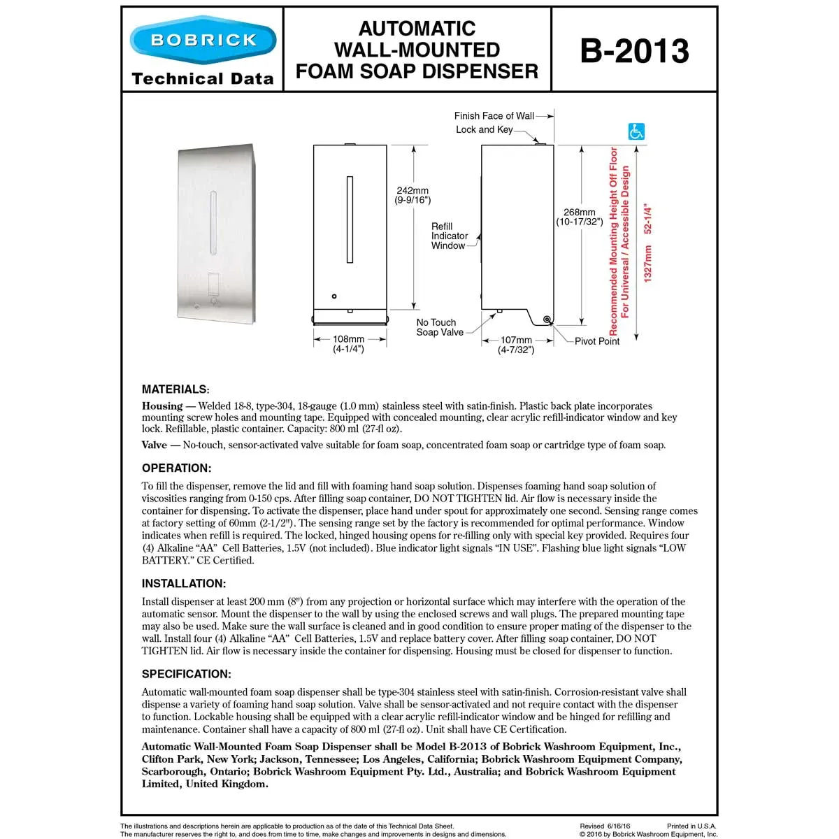 Bobrick B-2013 Wall-Mounted Foam Soap Dispenser