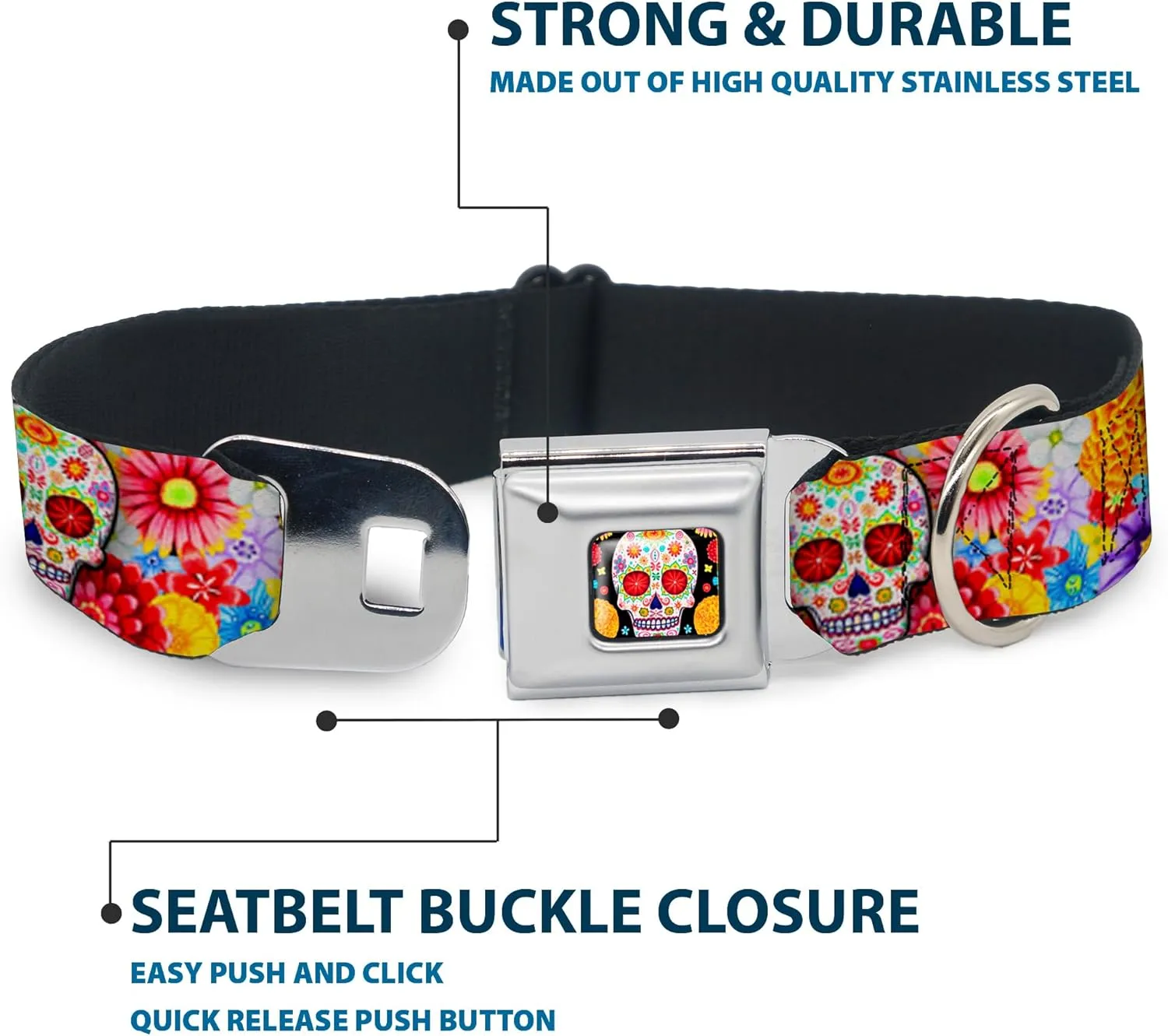 Buckle-Down Dog Collar Seatbelt Buckle Sugar Skull Starburst White Multi Color 18 to 32 Inches 1.5 Inch Wide (DC-WTY008-WL)
