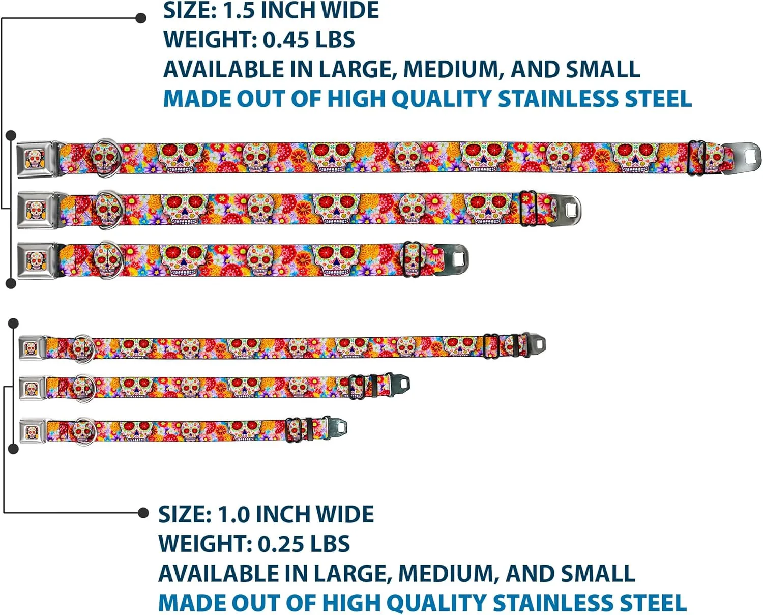 Buckle-Down Dog Collar Seatbelt Buckle Sugar Skull Starburst White Multi Color 18 to 32 Inches 1.5 Inch Wide (DC-WTY008-WL)