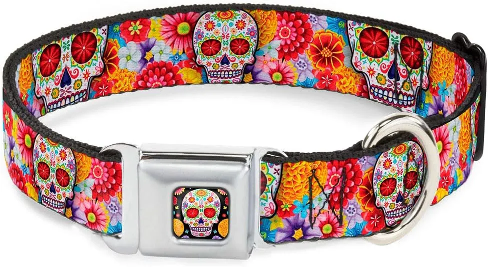 Buckle-Down Dog Collar Seatbelt Buckle Sugar Skull Starburst White Multi Color 18 to 32 Inches 1.5 Inch Wide (DC-WTY008-WL)