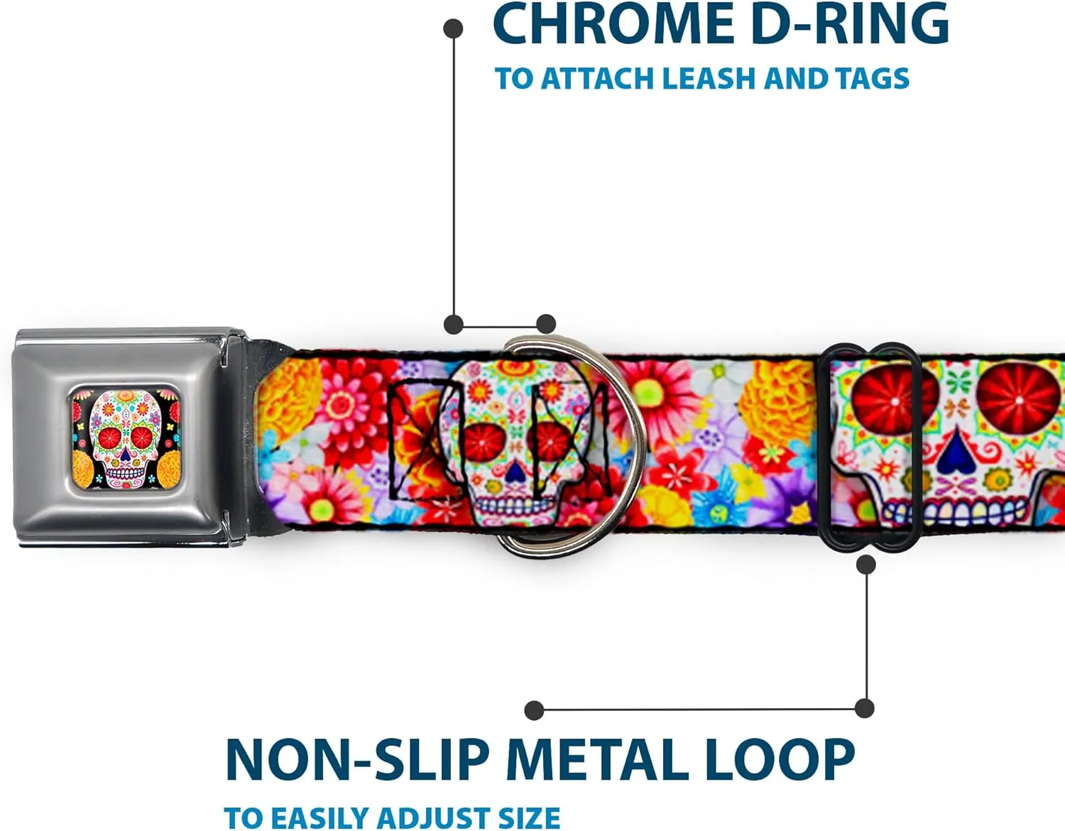 Buckle-Down Dog Collar Seatbelt Buckle Sugar Skull Starburst White Multi Color 18 to 32 Inches 1.5 Inch Wide (DC-WTY008-WL)