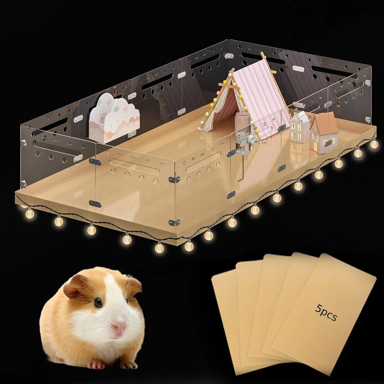 COZIWOW Acrylic Guinea Pig Cages with 5PCS Waterproof Bottom, Sturdy & Easy to Setup, 4 x 2ft Large Habitat for Guinea, Hedgehog, Quail, Small Animal Playpen Without Top (DIY Extendable)