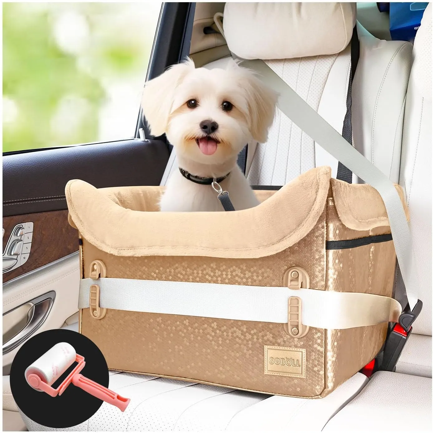 Dog Car Seat - Small Dogs Waterproof Booster Clip-on Harness and Thick Memory Foam Padding Pet Travel Bed Small Dog Car Seat Cover (Gold-FauxLeather, Small)