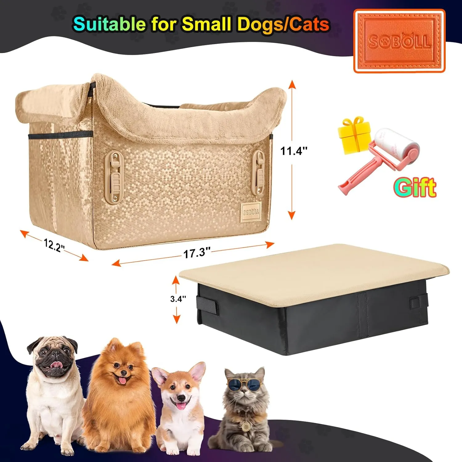 Dog Car Seat - Small Dogs Waterproof Booster Clip-on Harness and Thick Memory Foam Padding Pet Travel Bed Small Dog Car Seat Cover (Gold-FauxLeather, Small)