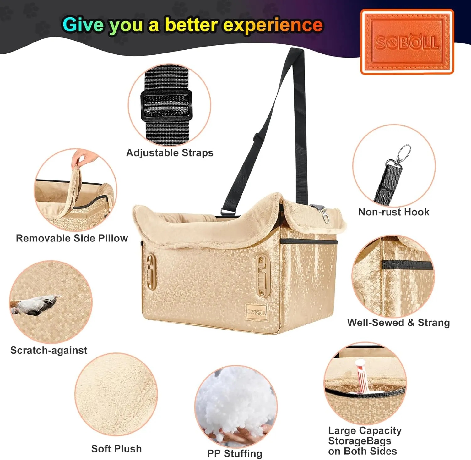Dog Car Seat - Small Dogs Waterproof Booster Clip-on Harness and Thick Memory Foam Padding Pet Travel Bed Small Dog Car Seat Cover (Gold-FauxLeather, Small)