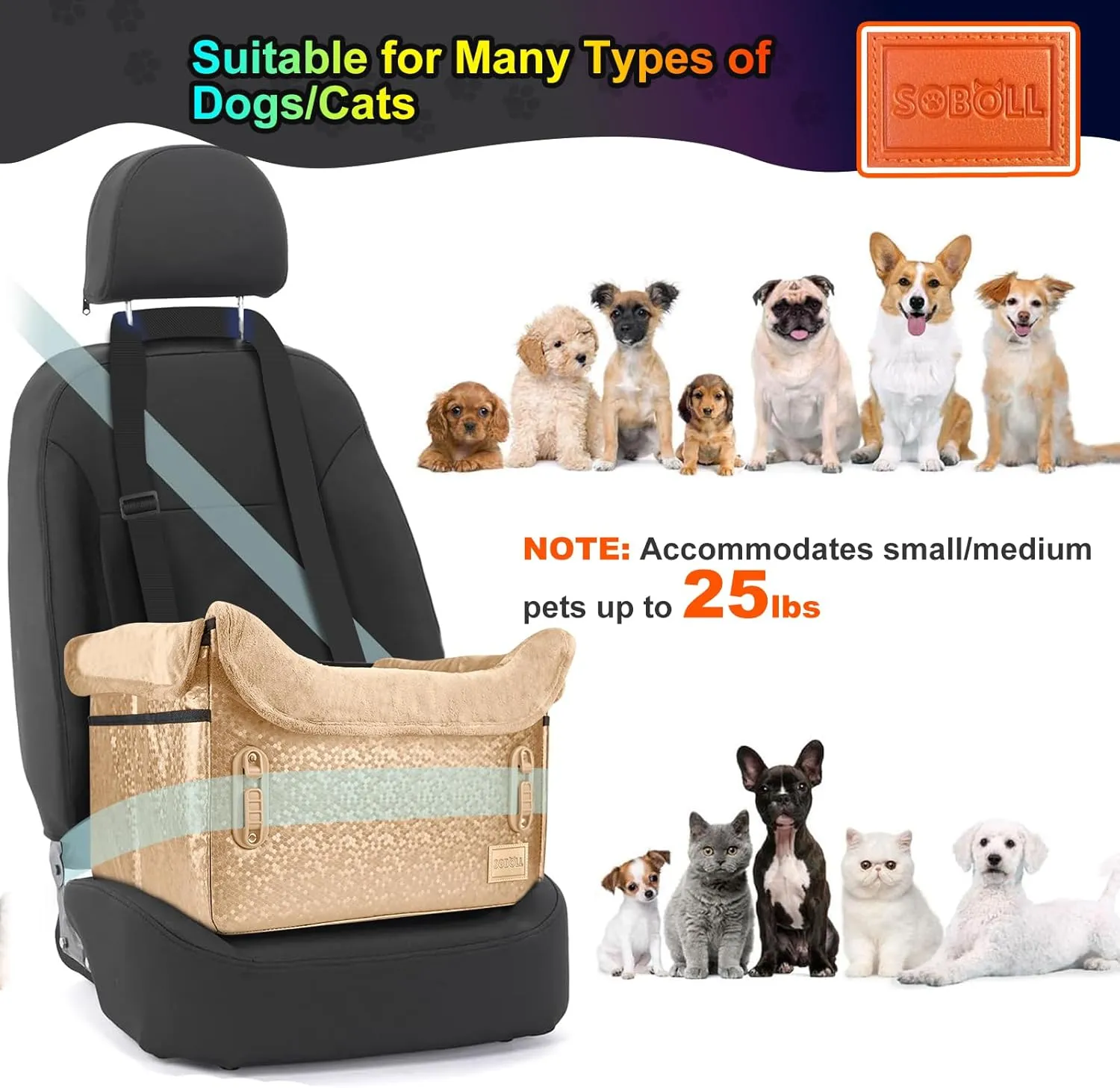 Dog Car Seat - Small Dogs Waterproof Booster Clip-on Harness and Thick Memory Foam Padding Pet Travel Bed Small Dog Car Seat Cover (Gold-FauxLeather, Small)