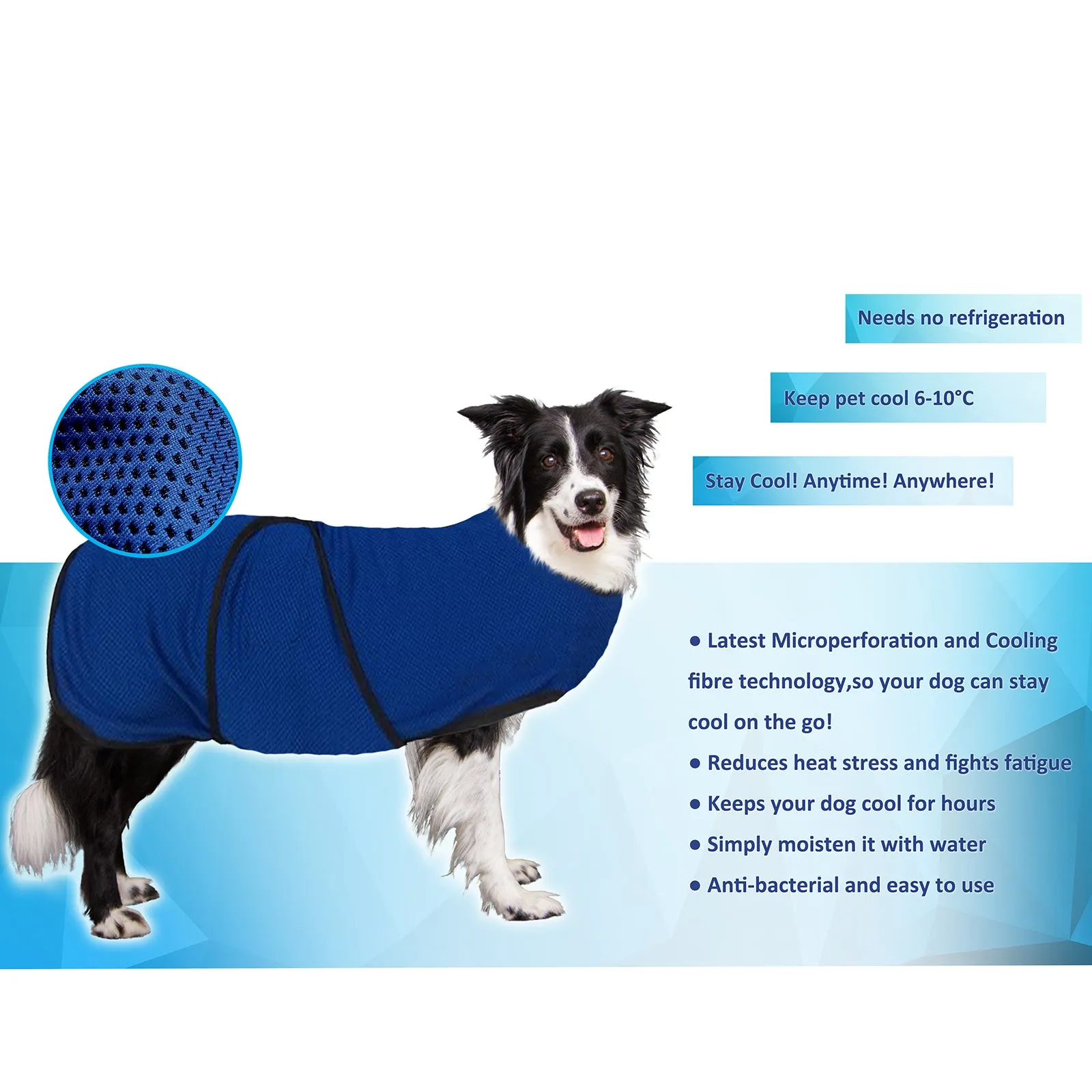 Dog Cooling Coat, Adjustable Size, Back Length 50 cm, Polyester-Blue