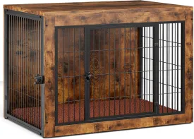 Dog Crate Furniture with Cushion, Indoor Dog Kennel with Double Doors, Side End Table Dog Cage, Pet House for Small/Medium/Large Dog, Easy Assemble (Rustic Brown, L(38.8x 25.7x27))