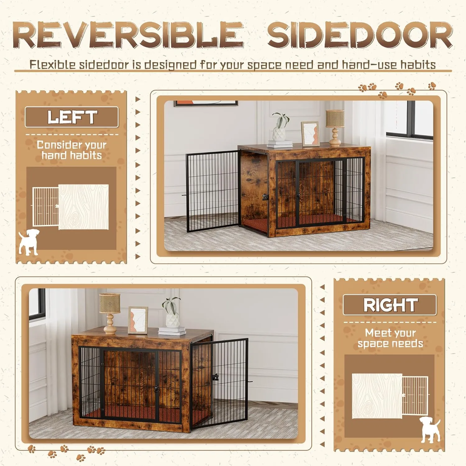 Dog Crate Furniture with Cushion, Indoor Dog Kennel with Double Doors, Side End Table Dog Cage, Pet House for Small/Medium/Large Dog, Easy Assemble (Rustic Brown, L(38.8x 25.7x27))