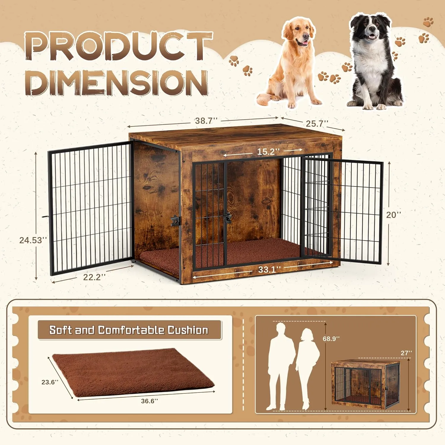 Dog Crate Furniture with Cushion, Indoor Dog Kennel with Double Doors, Side End Table Dog Cage, Pet House for Small/Medium/Large Dog, Easy Assemble (Rustic Brown, L(38.8x 25.7x27))