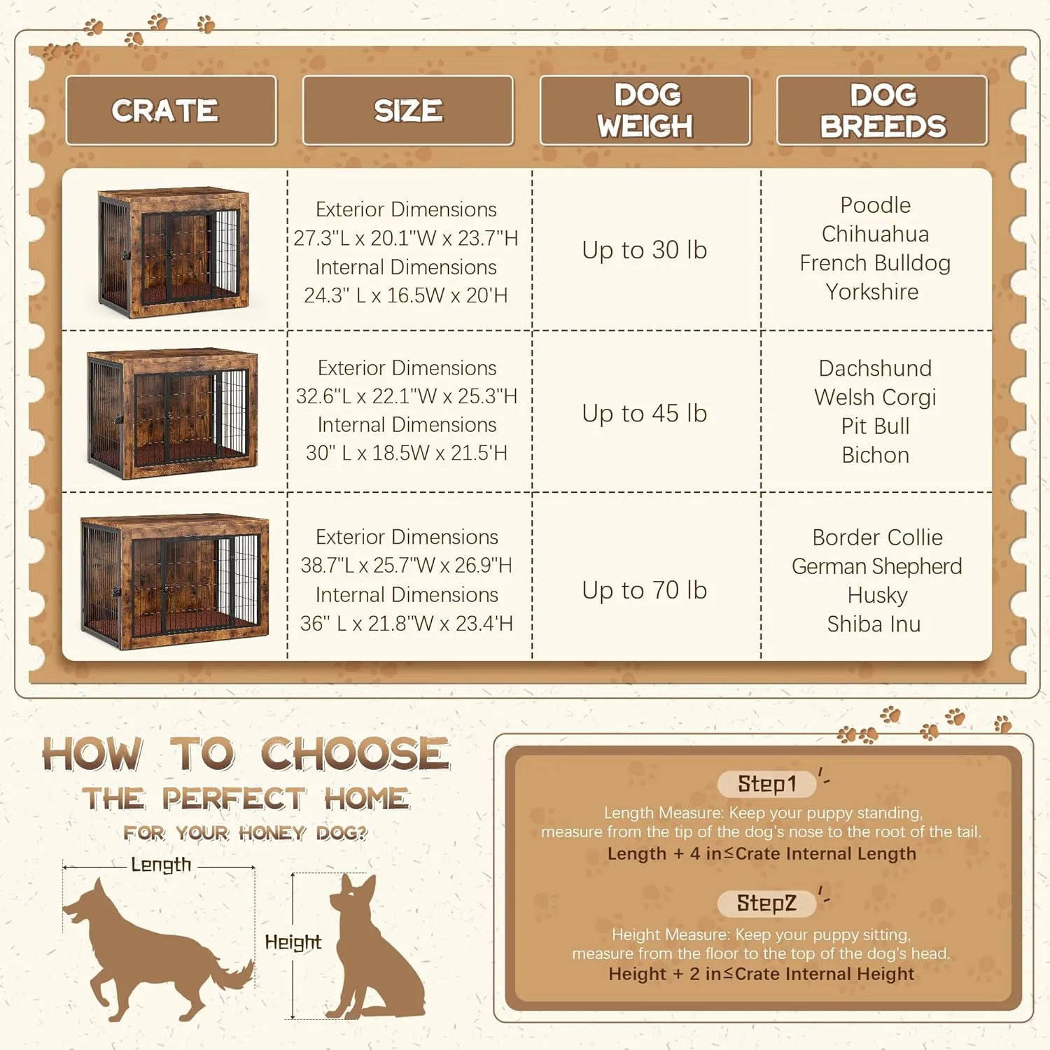 Dog Crate Furniture with Cushion, Indoor Dog Kennel with Double Doors, Side End Table Dog Cage, Pet House for Small/Medium/Large Dog, Easy Assemble (Rustic Brown, L(38.8x 25.7x27))