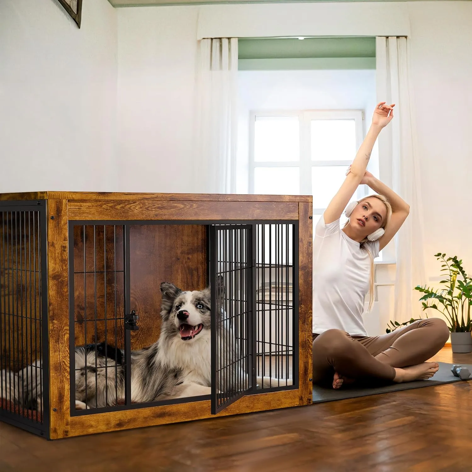 Dog Crate Furniture with Cushion, Indoor Dog Kennel with Double Doors, Side End Table Dog Cage, Pet House for Small/Medium/Large Dog, Easy Assemble (Rustic Brown, L(38.8x 25.7x27))