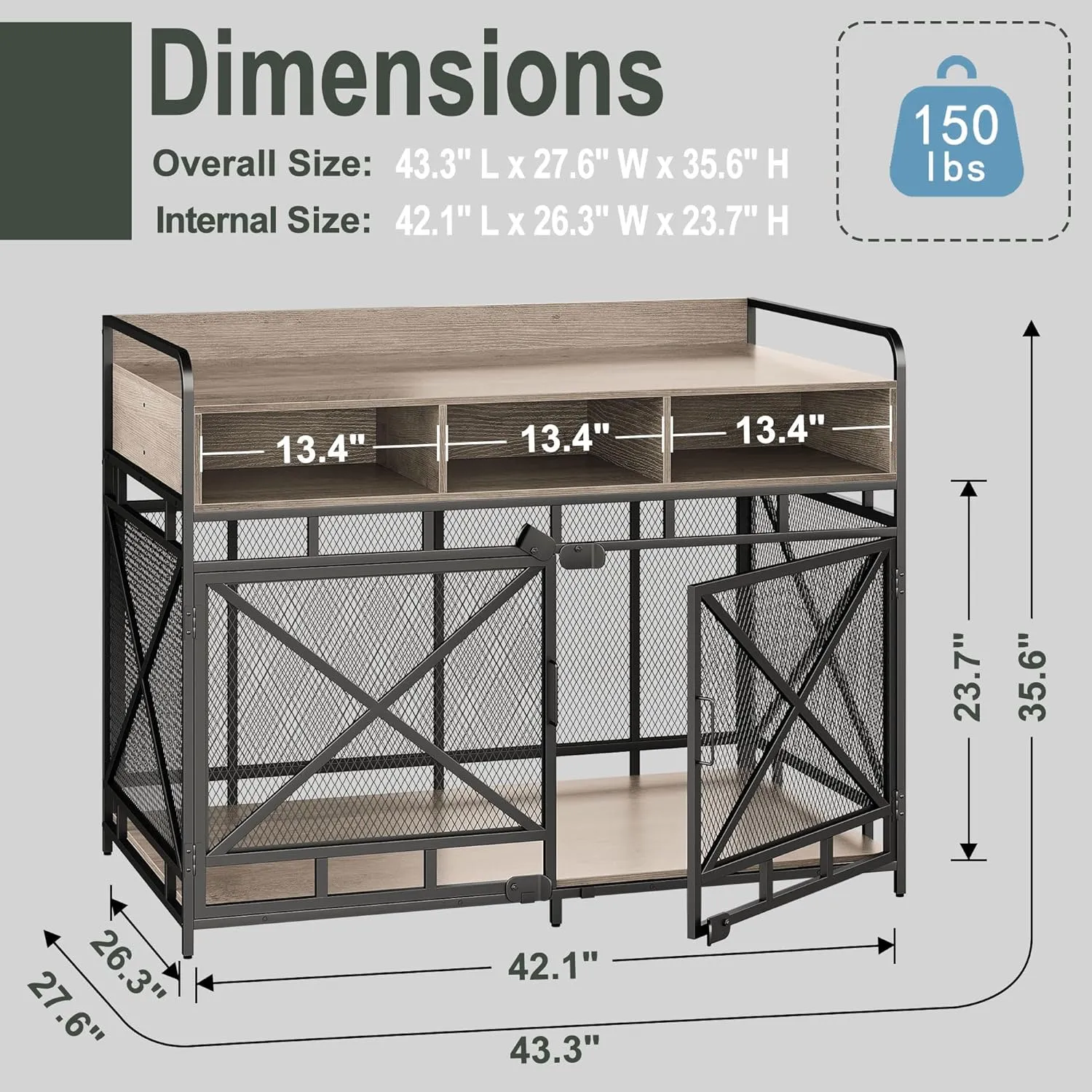 Dog Crate Furniture,Wooden Dog Crate End Table,43 Inch Dog Kennel with Drawers,Heavy Duty Dog Cage,Decorative Pet Crate Dog Cage for Indoor 43.3" L x 27.6" W x 35.7" H (Grey)