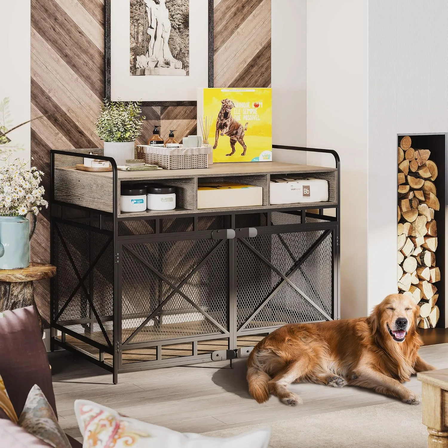 Dog Crate Furniture,Wooden Dog Crate End Table,43 Inch Dog Kennel with Drawers,Heavy Duty Dog Cage,Decorative Pet Crate Dog Cage for Indoor 43.3" L x 27.6" W x 35.7" H (Grey)