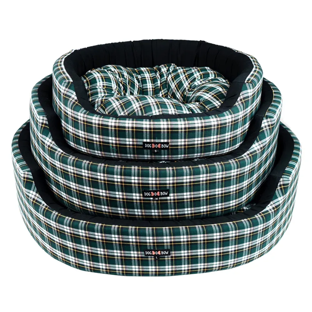 Dogobow Valley Check Round Bed for Dogs and Cats (Green)