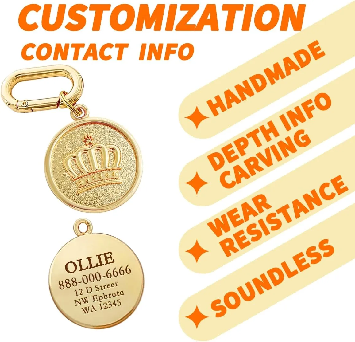 Dogs ID Tags Personalized Double Sided Deep Engraved Cat & Dog Collar Charm Round Shape Frosting Process Silver/Gold Plated (Bone-Cross Gold)