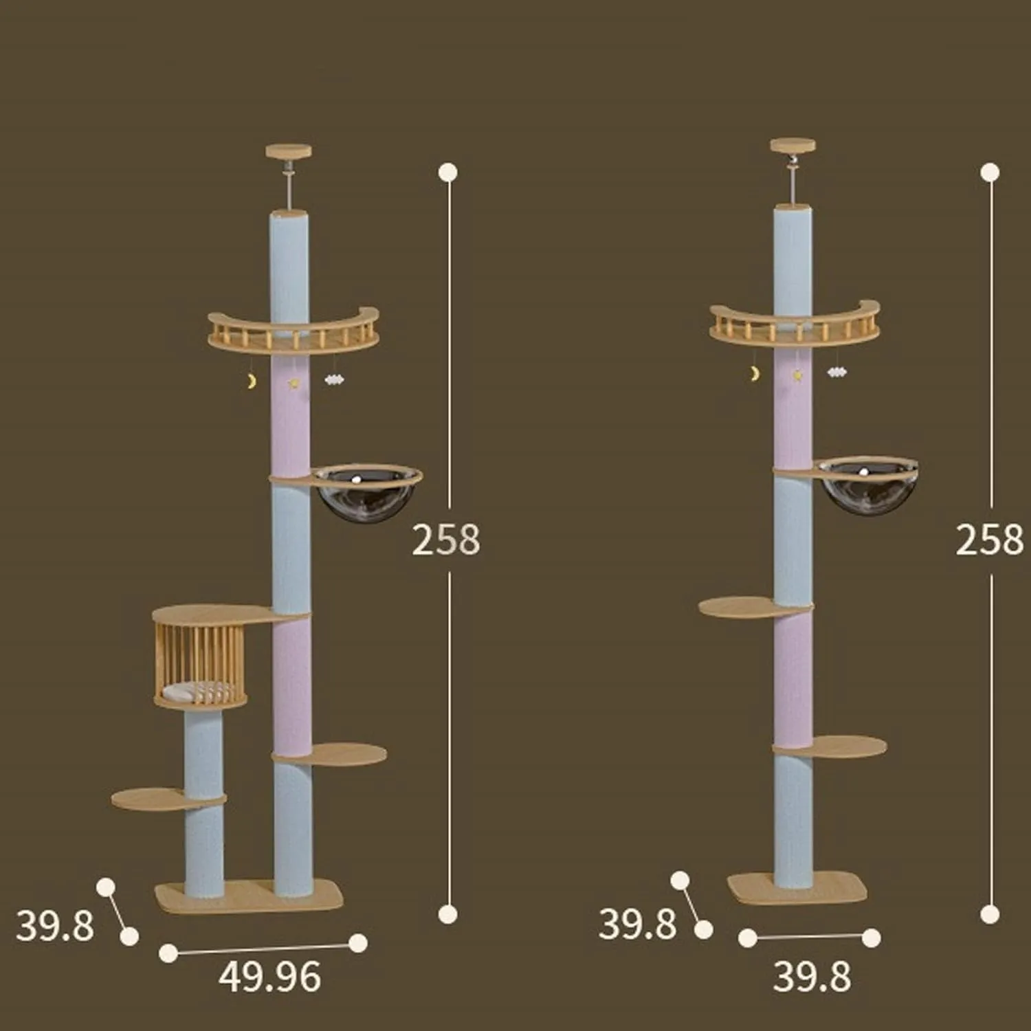Floor Standing Cat Tree 5-Story Cat Tower, Adjustable Height Cat Scratching Post, Wooden Cat Tree Tower with Space Capsule, Natural Sisal Rope Cat Climbing Tower,L
