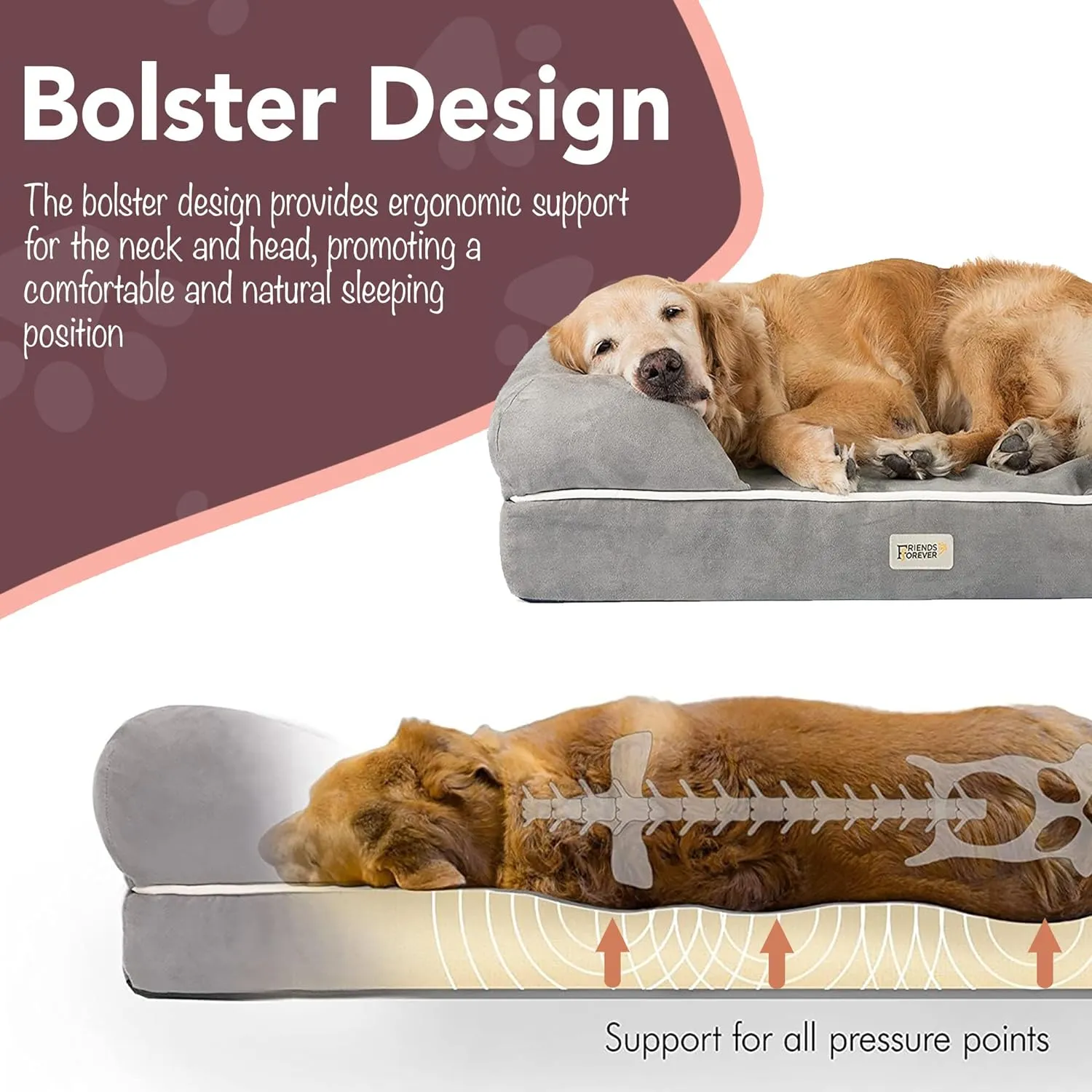 Friends Forever Small Dog Bed, Orthopedic Dog Sofa Memory Foam Mattress, Calming Dog Couch Bed, Wall Rim Pillow, Water Resistant Liner, Washable Cover, Non-Slip Bottom, Chester, Small Grey