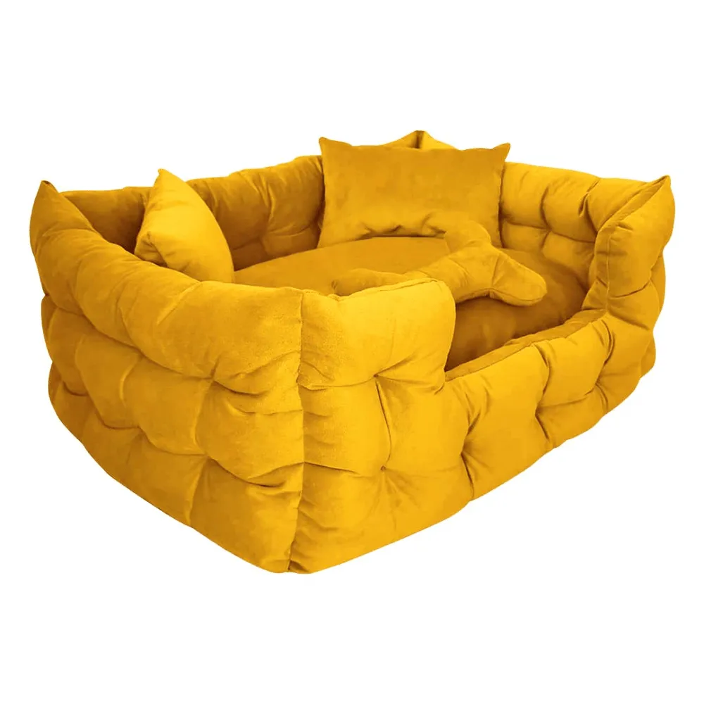 Hiputee Luxurious High Wall Soft Velvet Fabric Washable Bed for Dogs and Cats (Yellow)
