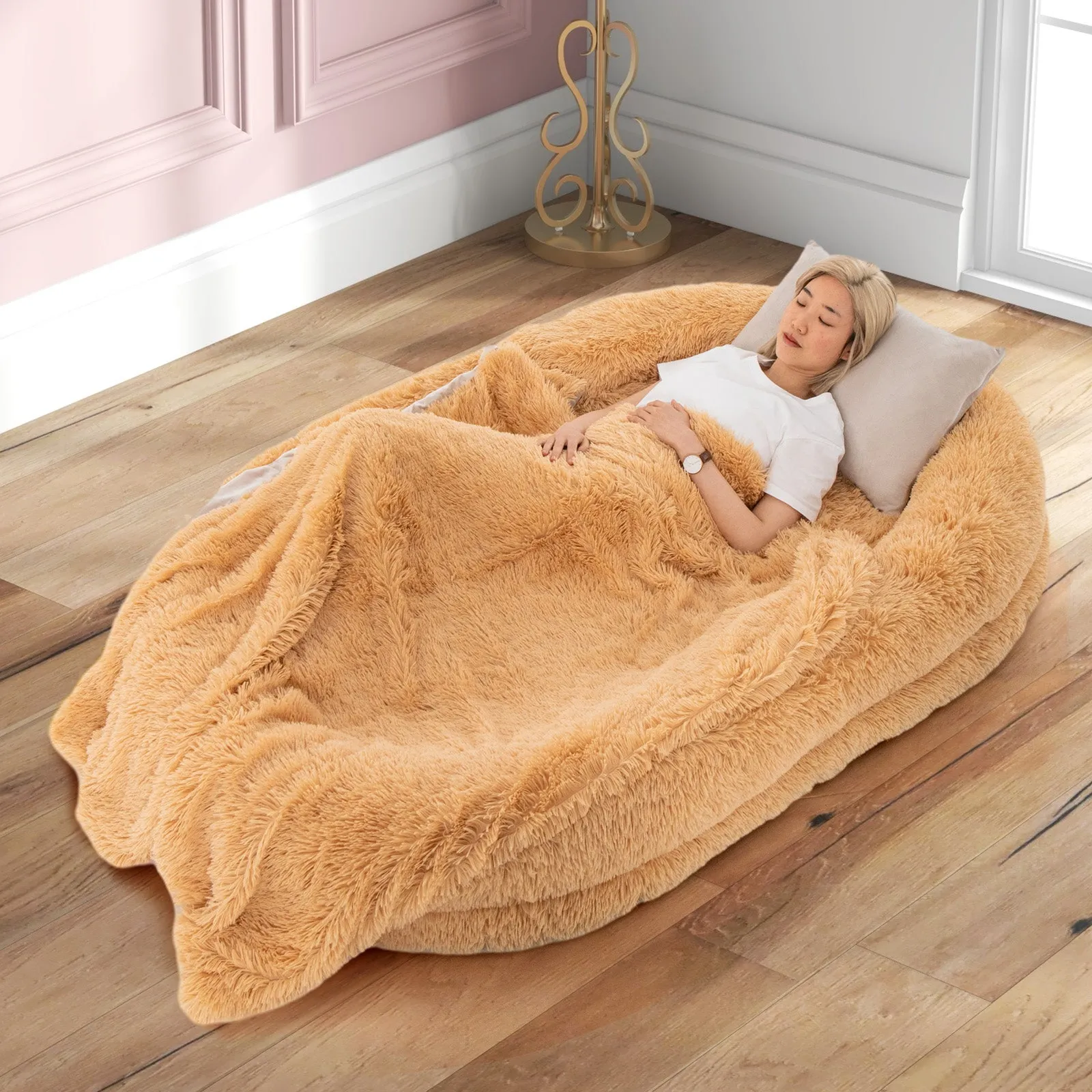 Human Dog Bed with Soft Blanket and Present Plump Pillow-Brown