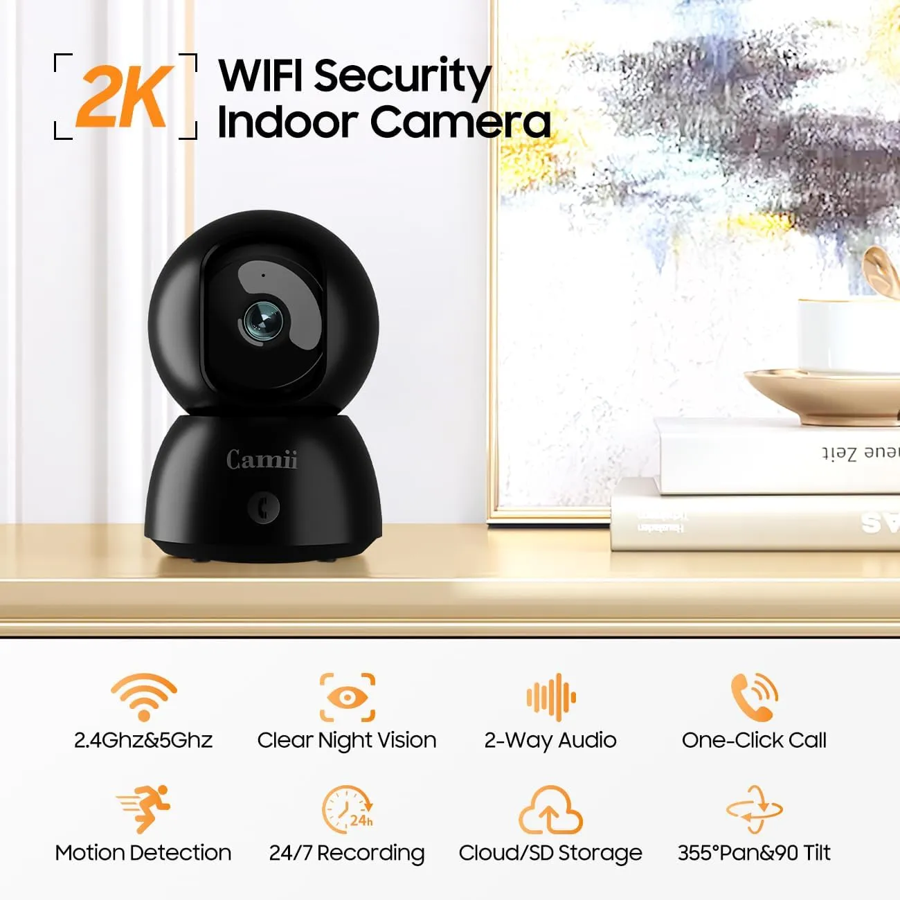 Indoor Camera, 2K Pet Cameras for Home Security Dual Band WiFi(2.4/5G), Security Camera with Phone App, 24/7 SD Card Storage, 2-Way Audio, Dog and Baby Monitor with Motion Detection, Black