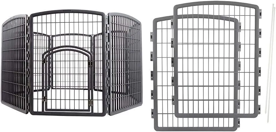 IRIS Exercise 8 Panel Pen Panel Pet Playpen with Door - 34 Inch, Gray with IRIS Exercise 2 Panel Add On Panel Pet Playpen with Door - 34 Inch, Gray