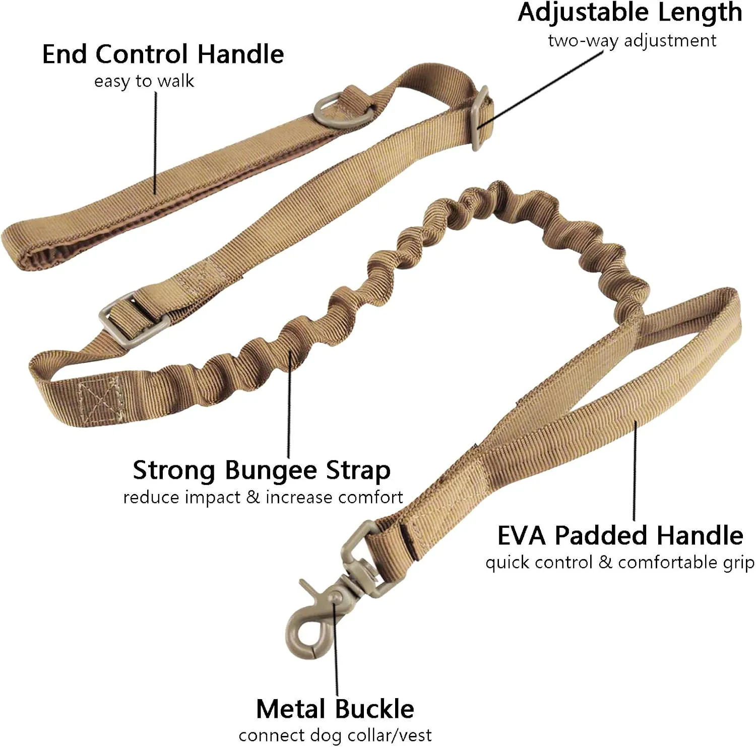 JiePai Tactical Dog Training Bungee Leash Military Dog Leash Quick Release Elastic Leads Rope with 2 Control Handle, 6ft for Medium Large Dogs, Camouflage Pattern