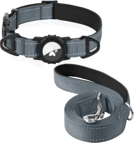 Joytale Airtag Dog Collar and 6FT Leash Set, Dual D-Rings Pet Collar and Reflective Padded Handle Nylon Leash for Medium Dogs (Gray,M)