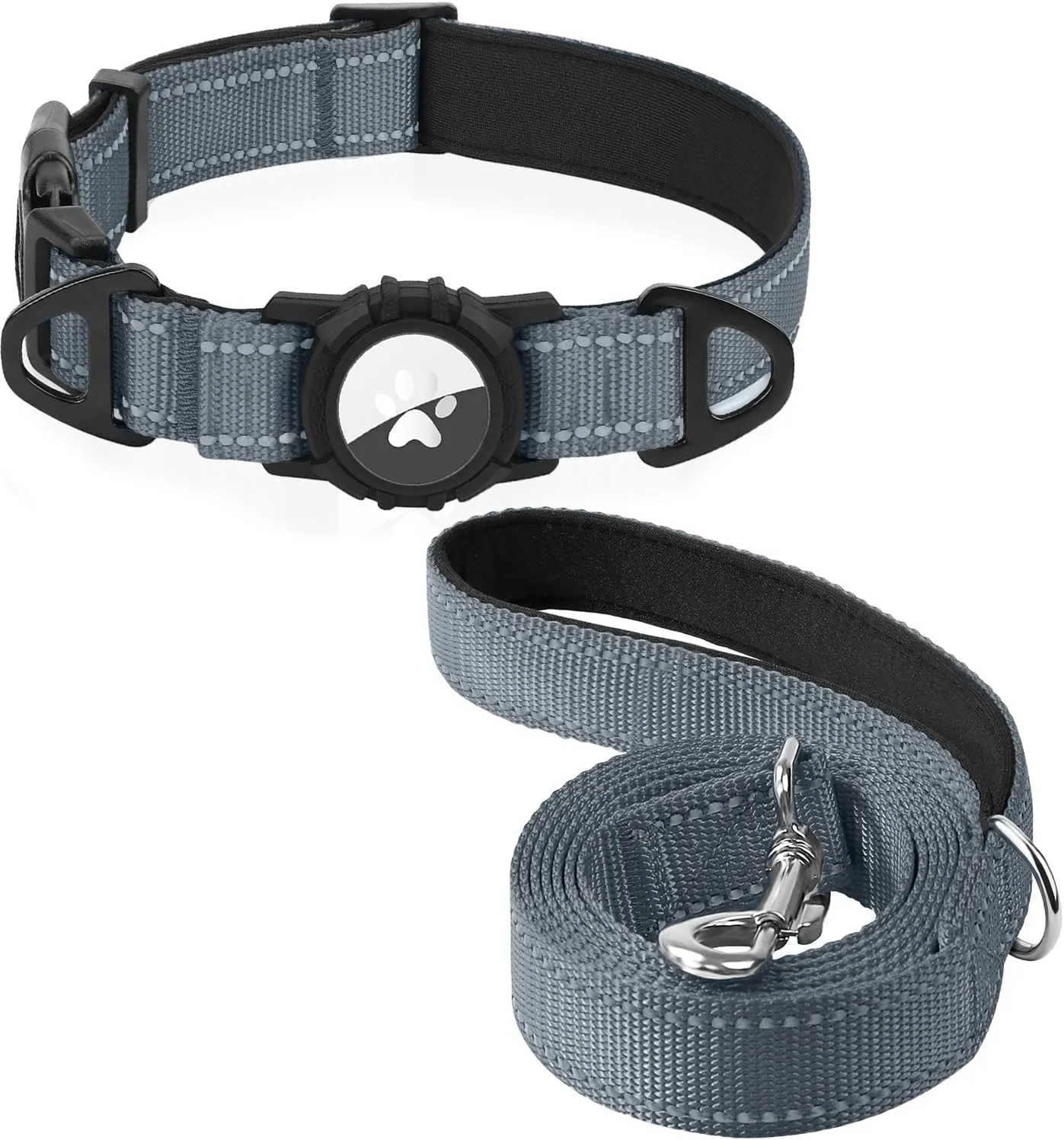 Joytale Airtag Dog Collar and 6FT Leash Set, Dual D-Rings Pet Collar and Reflective Padded Handle Nylon Leash for Medium Dogs (Gray,M)