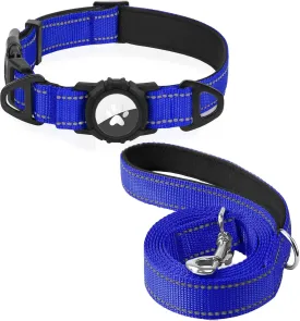 Joytale Airtag Dog Collar and 6FT Leash Set, Dual D-Rings Pet Collar and Reflective Padded Handle Nylon Leash for Medium Dogs (Navy Blue,M)