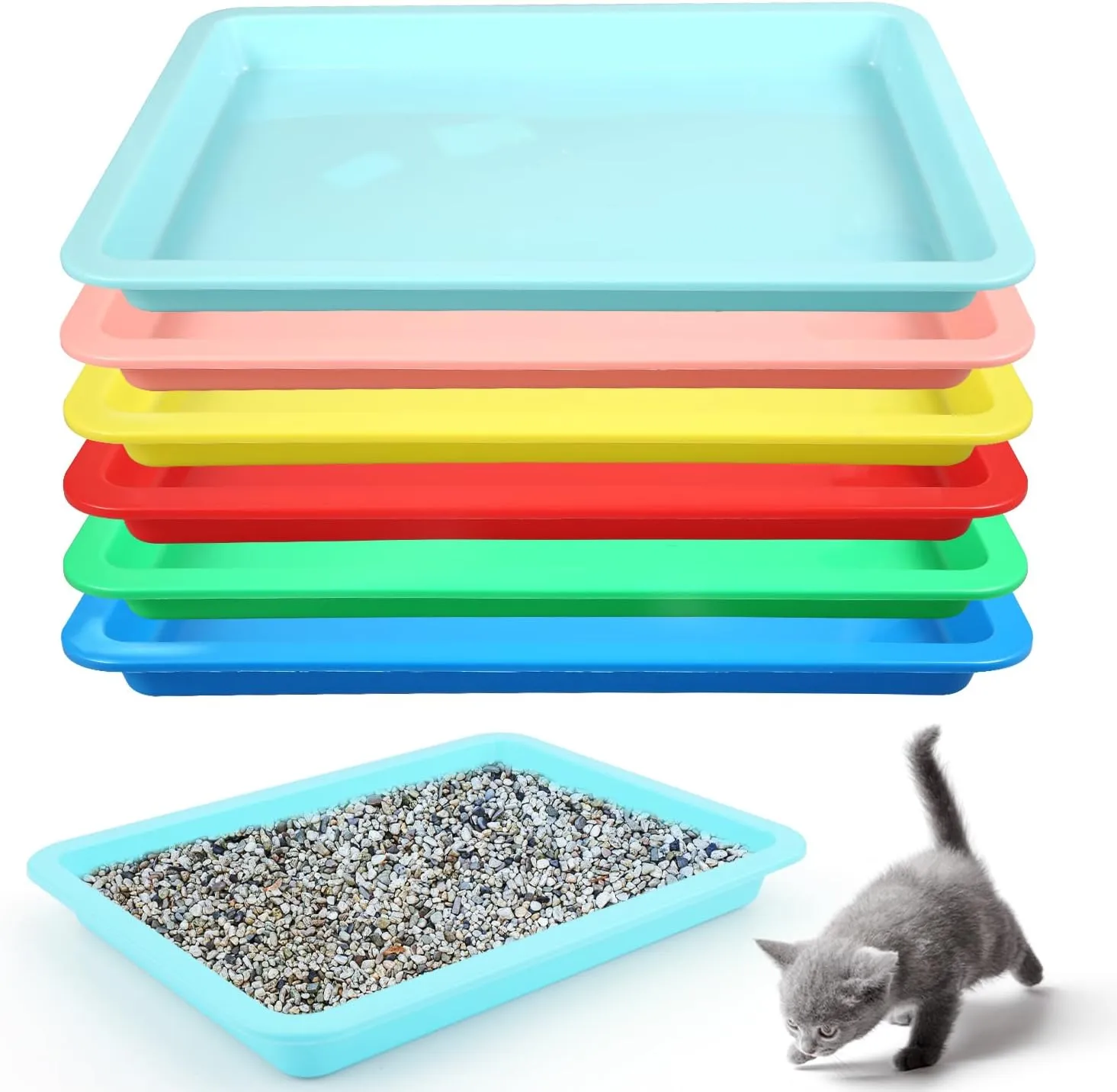 Luter 6pcs Kitten Litter Box, Plastic Cat Litter Trays in Red, Yellow, Green, Blue, Light Pink, Light Blue for Indoor Kittens and Small Cats