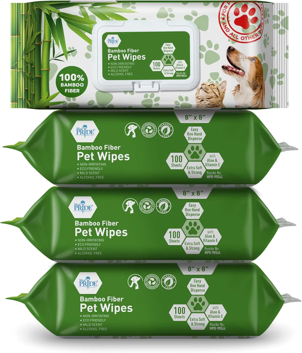 MED PRIDE 100% Bamboo Fiber Cleaning Wipes, Dog Wipes for Paws and Butt, Alcohol & Paraben-Free, Hypoallergenic, Extra-Large 8"X8", 400 Count (4 Packs)